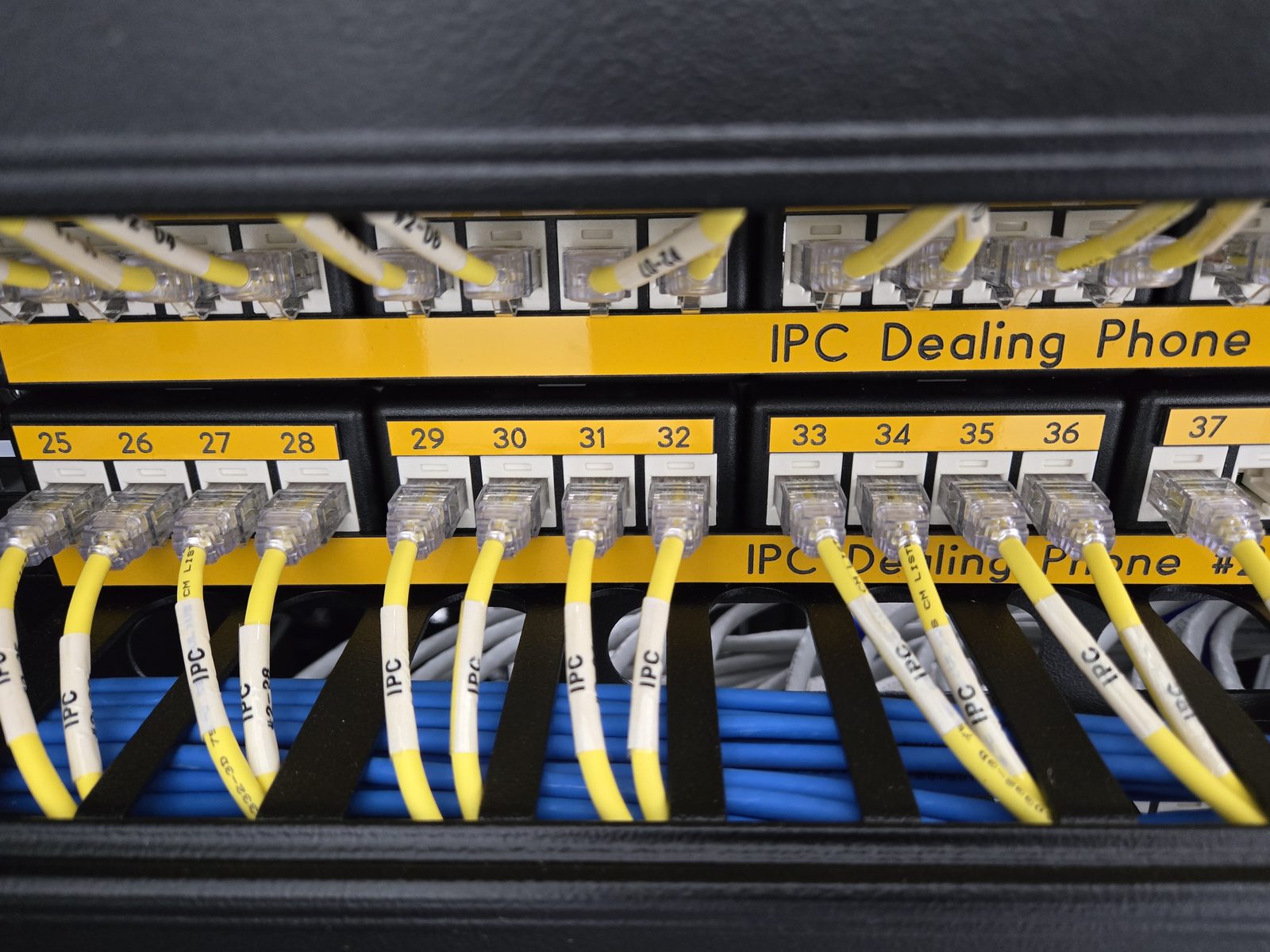 IPC 딜링 폰 전용 패치패널에 포트별로 라벨링되어 성단된 딜링룸 회선